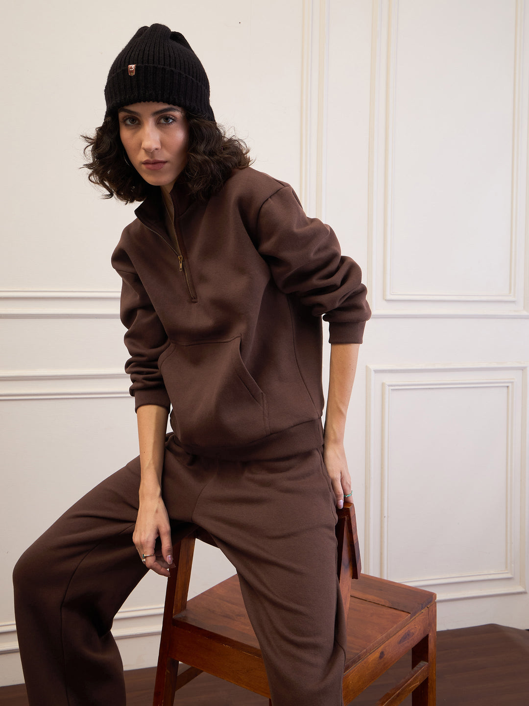 Women Dark Brown Fleece Front Zipper Sweatshirt With Sweatpants