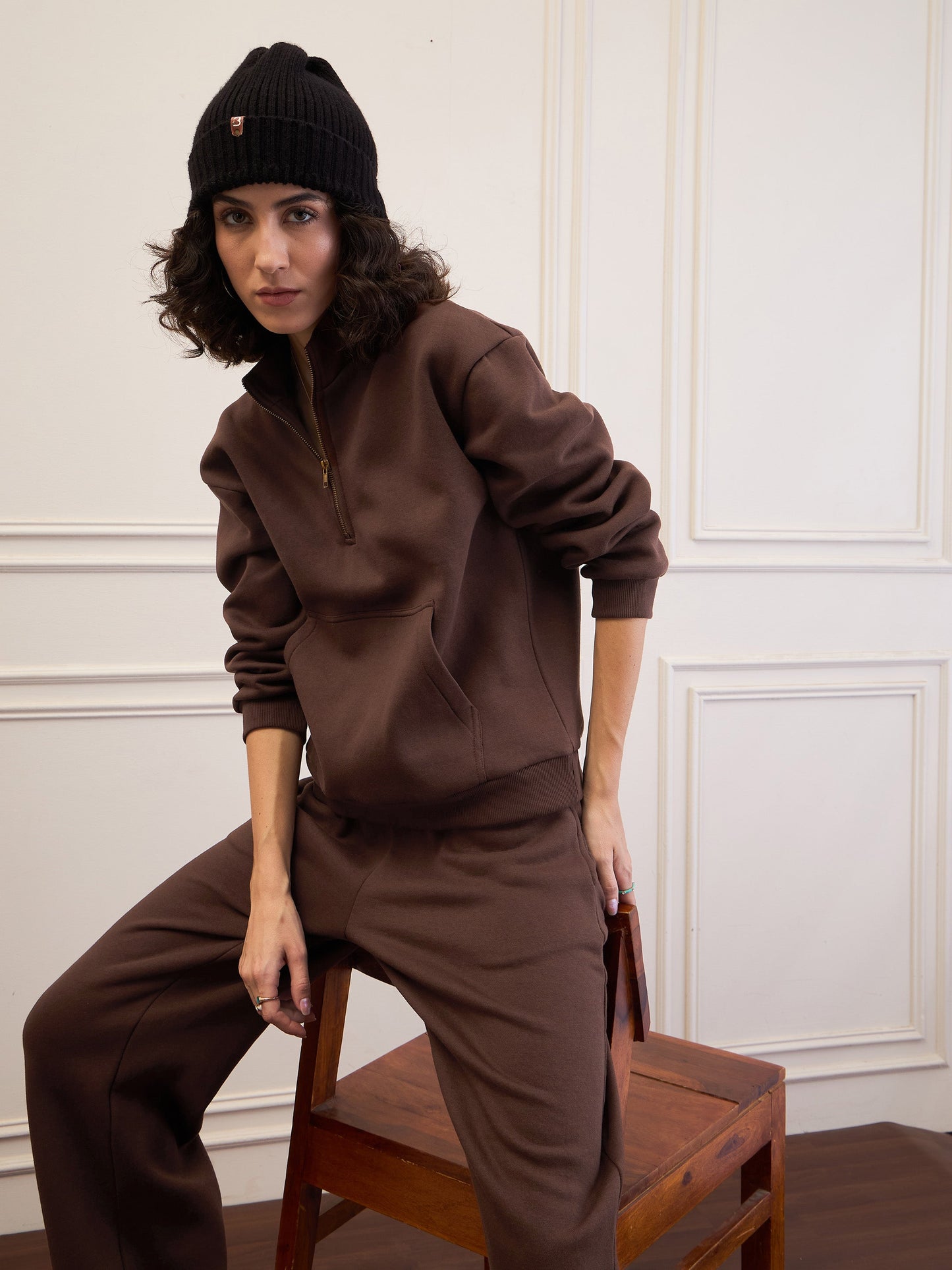 Women Dark Brown Fleece Front Zipper Sweatshirt With Sweatpants