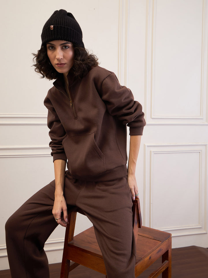 Women Dark Brown Fleece Front Zipper Sweatshirt With Sweatpants