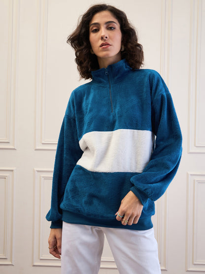 Blue Fur Colour Block High Neck Zipper Sweatshirt