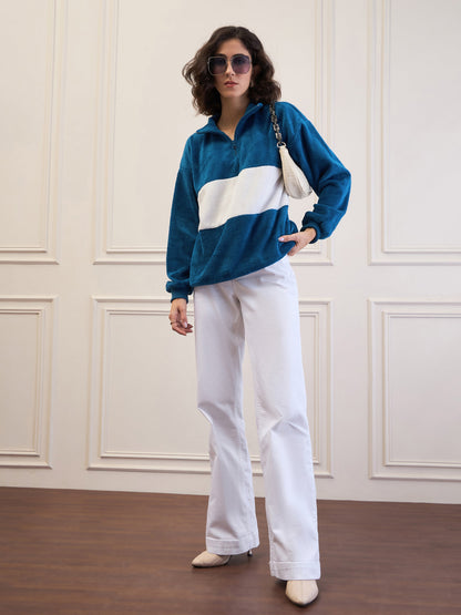 Blue Fur Colour Block High Neck Zipper Sweatshirt