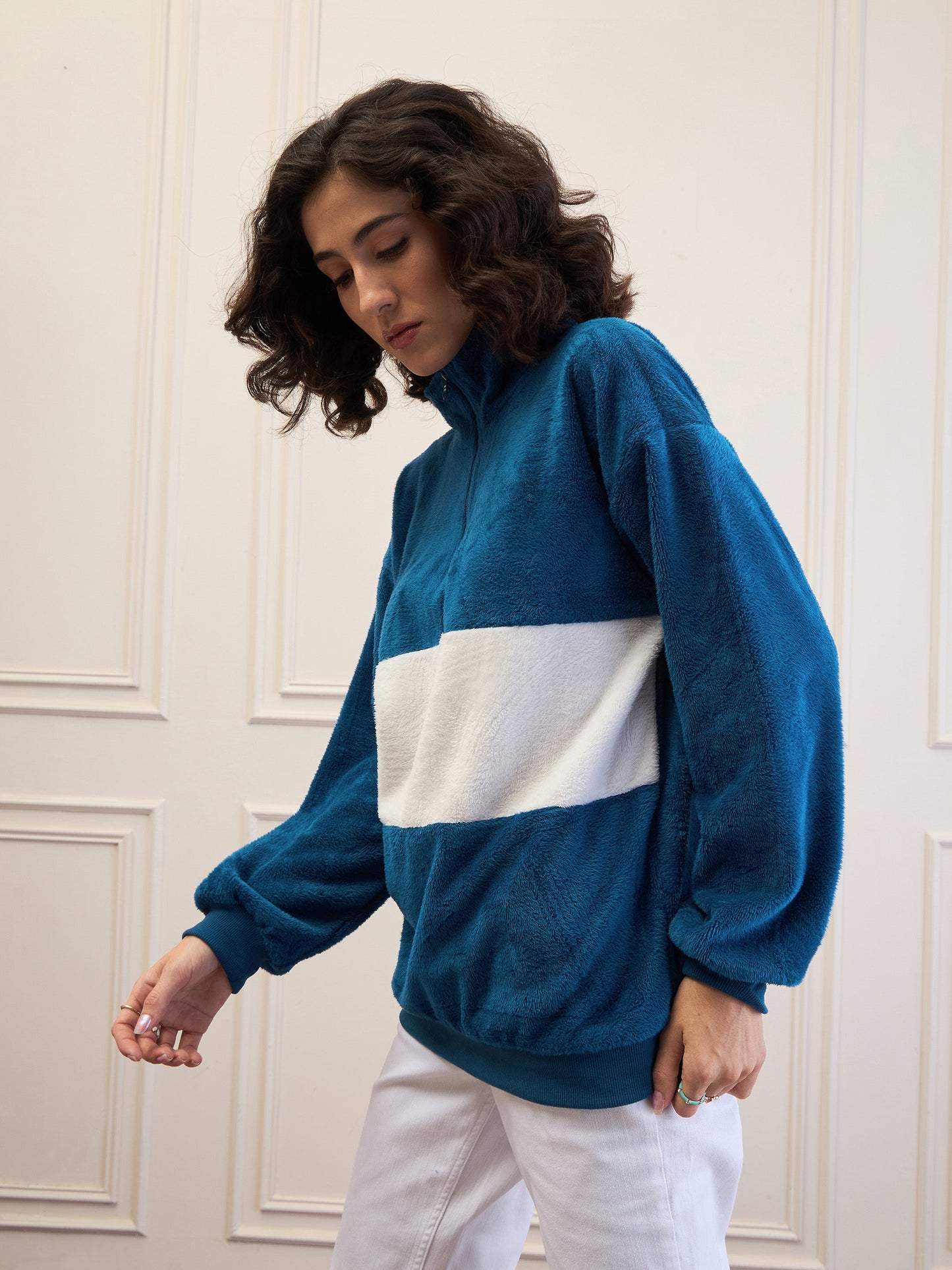Blue Fur Colour Block High Neck Zipper Sweatshirt