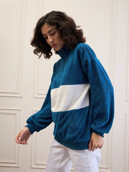 Blue Fur Colour Block High Neck Zipper Sweatshirt
