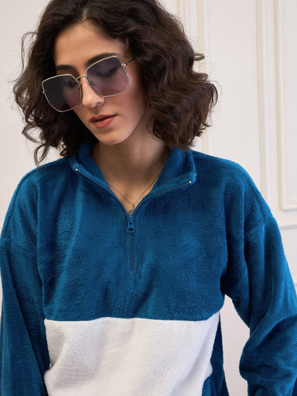 Blue Fur Colour Block High Neck Zipper Sweatshirt