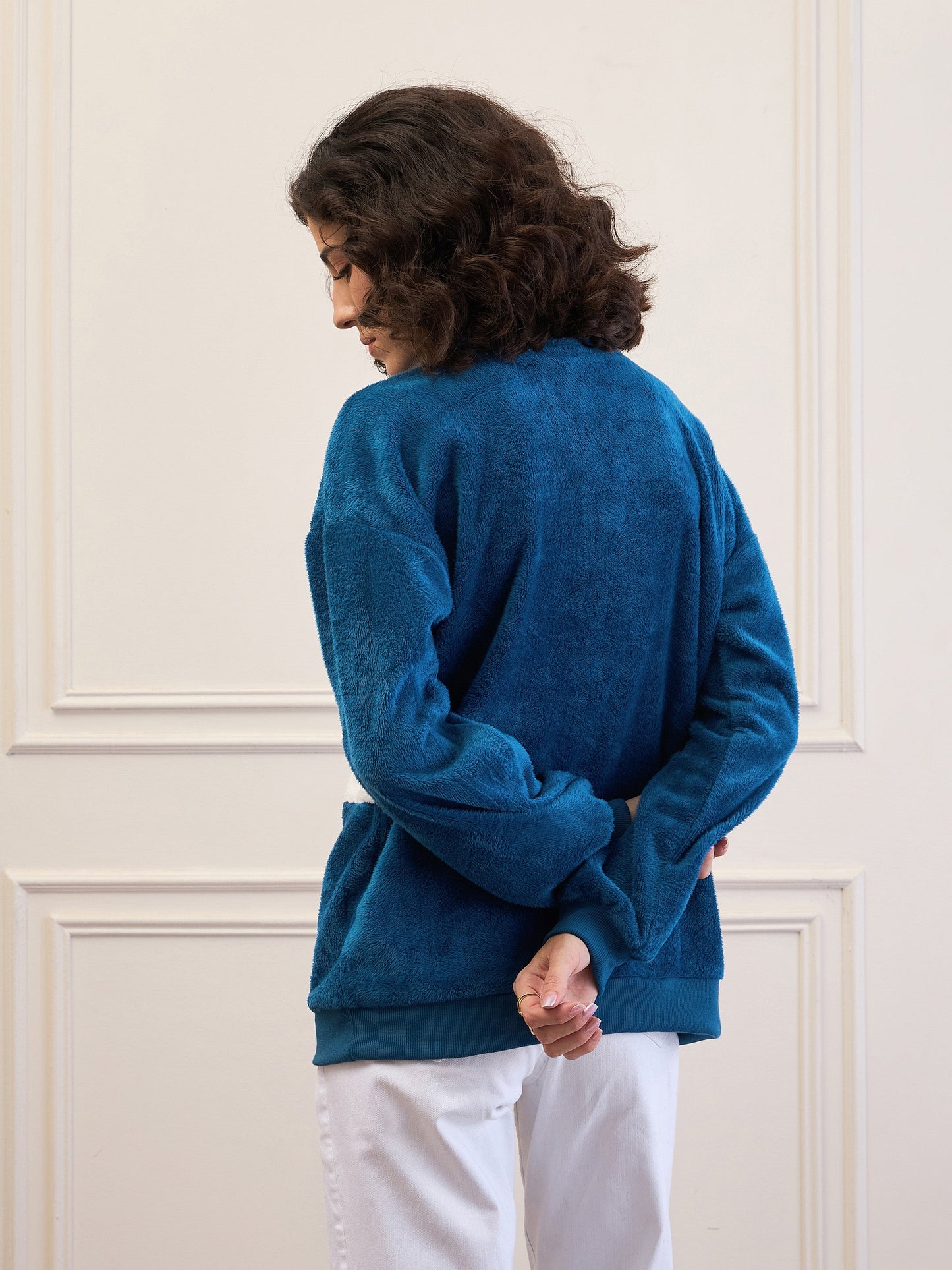 Blue Fur Colour Block High Neck Zipper Sweatshirt