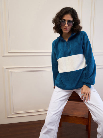 Blue Fur Colour Block High Neck Zipper Sweatshirt