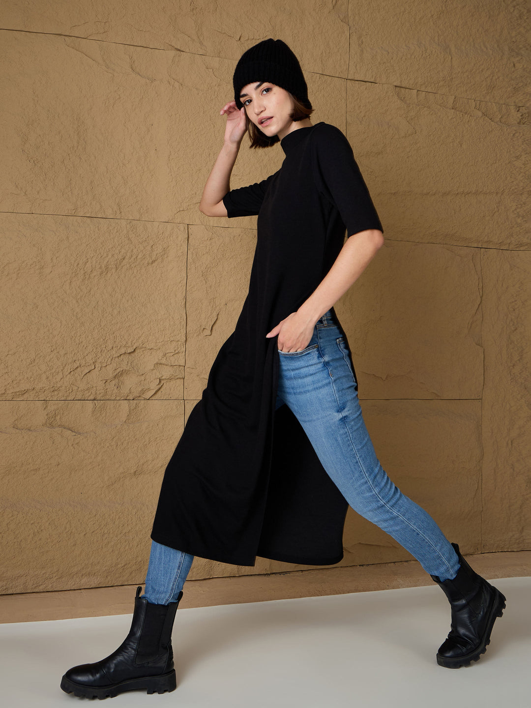 Women's Women Black High-Neck High Slit Sweater in Cotton by Sassafras for wholesale, bulk, supplier, manufacturer and wholesaler buyers from Trendphoria