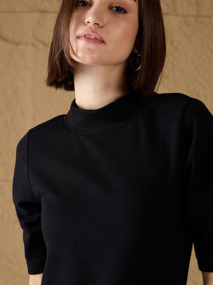 Women Black High-Neck High Slit Sweater