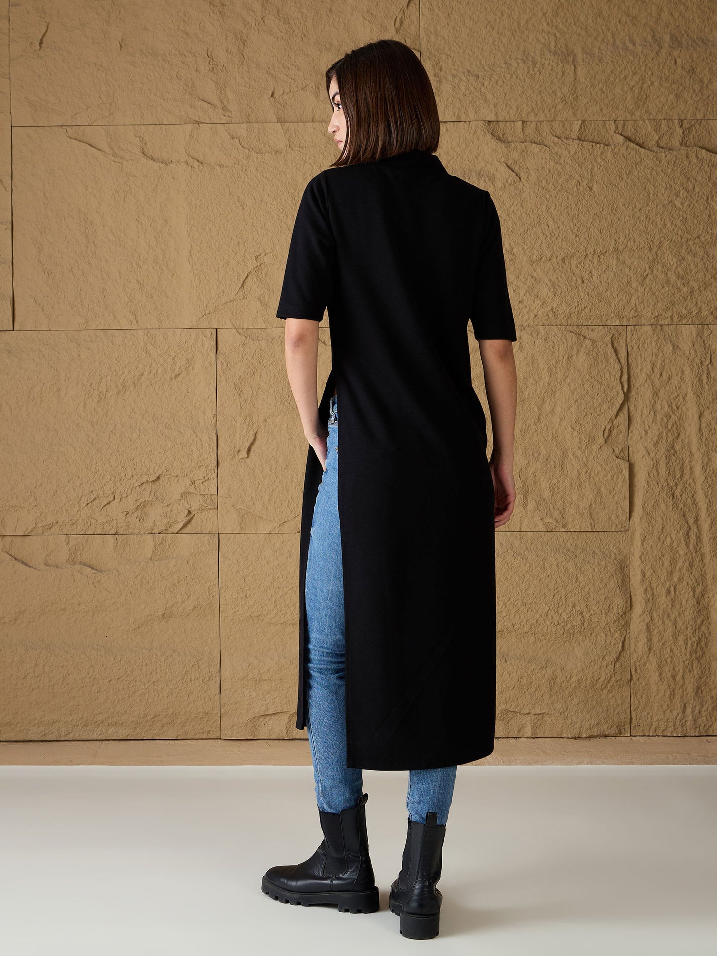 Women Black High-Neck High Slit Sweater