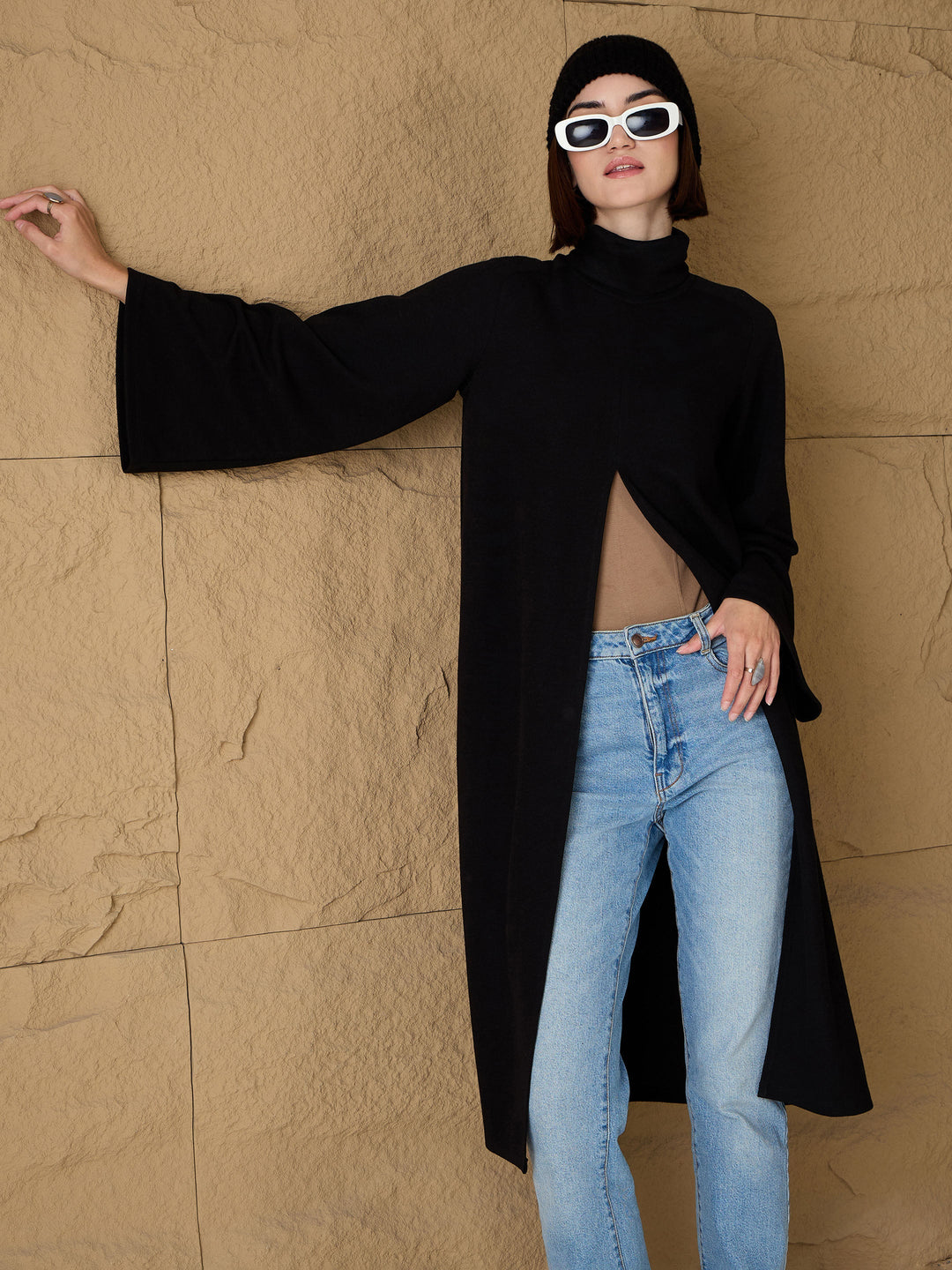 Women's Women Black Turtle-Neck Front High Slit Sweater in Cotton by Sassafras for wholesale, bulk, supplier, manufacturer and wholesaler buyers from Trendphoria
