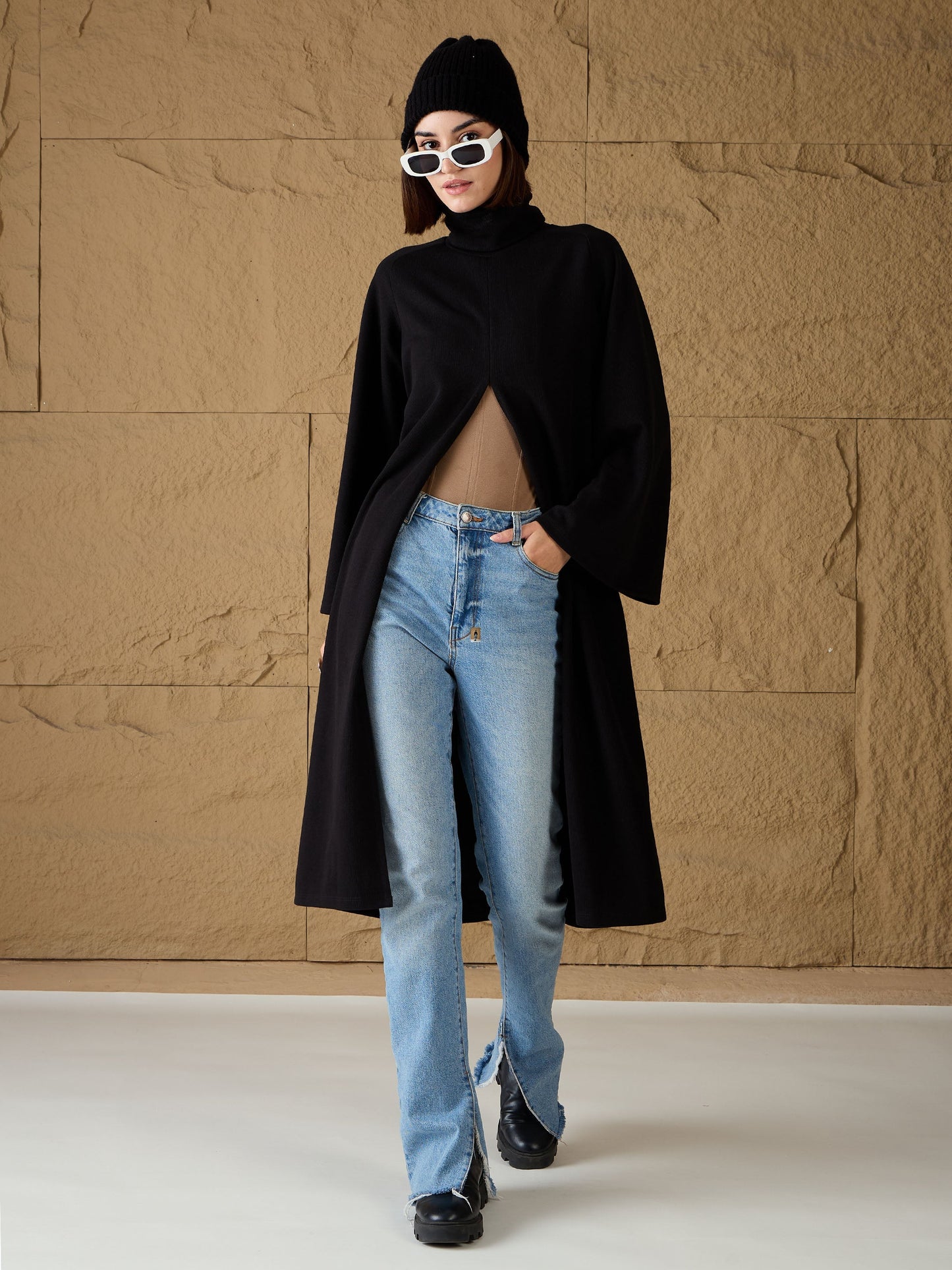 Women's Women Black Turtle-Neck Front High Slit Sweater in Cotton by Sassafras for wholesale, bulk, supplier, manufacturer and wholesaler buyers from Trendphoria