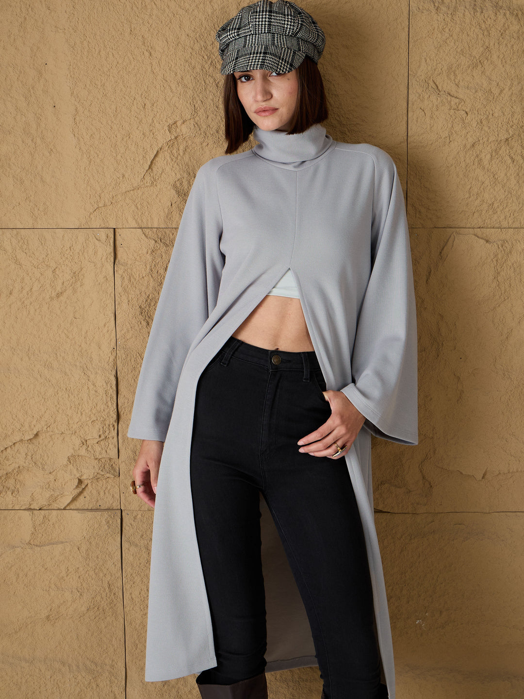 Women's Women Grey Turtle-Neck Front High Slit Sweater in Cotton by Sassafras for wholesale, bulk, supplier, manufacturer and wholesaler buyers from Trendphoria