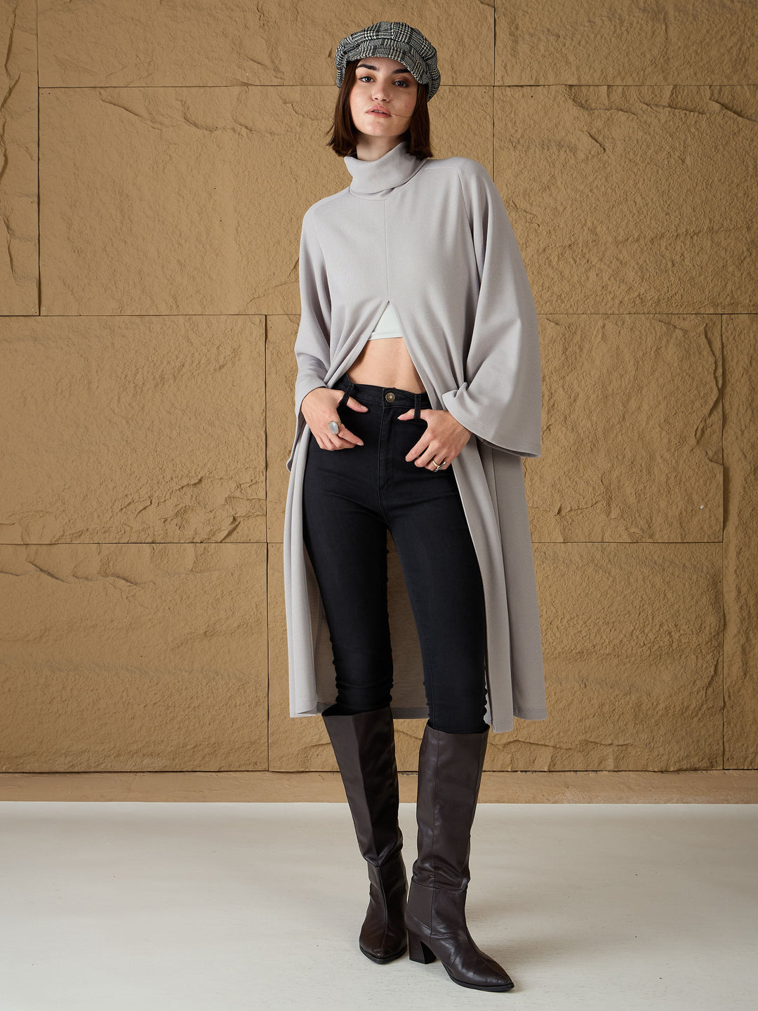 Women's Women Grey Turtle-Neck Front High Slit Sweater in Cotton by Sassafras for wholesale, bulk, supplier, manufacturer and wholesaler buyers from Trendphoria