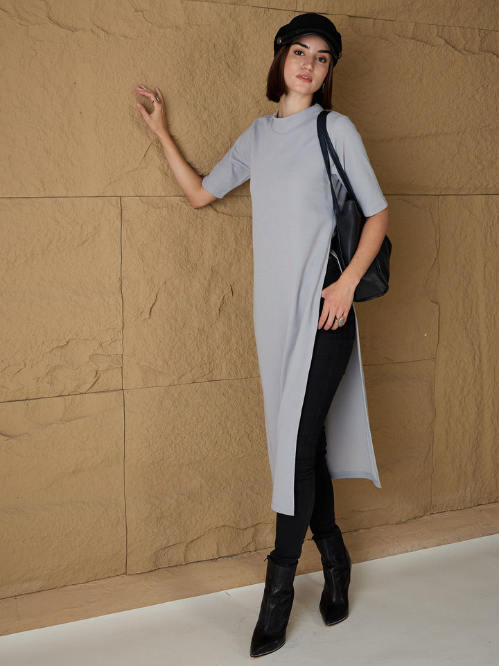 Grey High-Neck High Slit Sweater