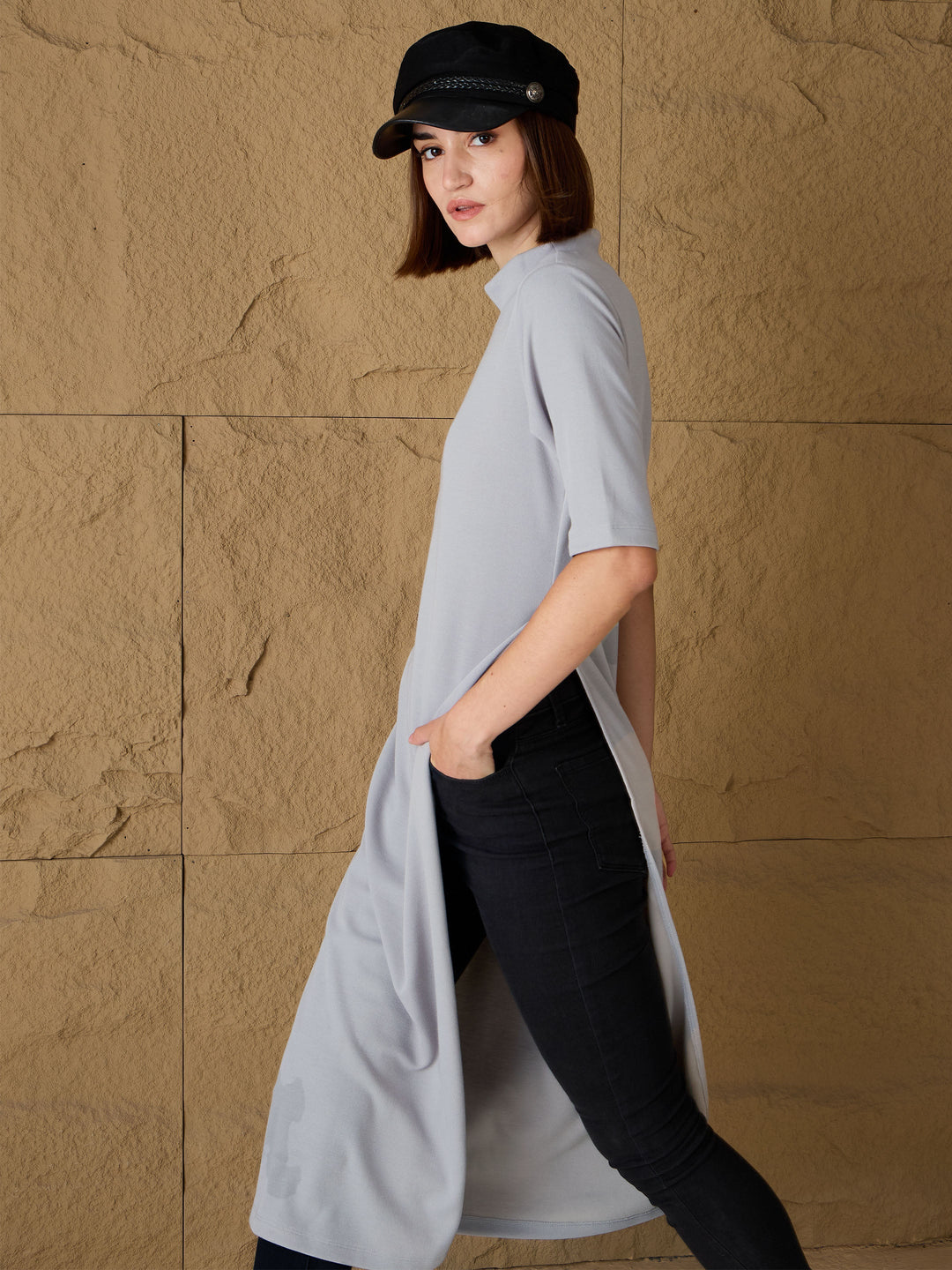 Grey High-Neck High Slit Sweater