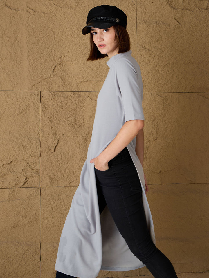 Grey High-Neck High Slit Sweater