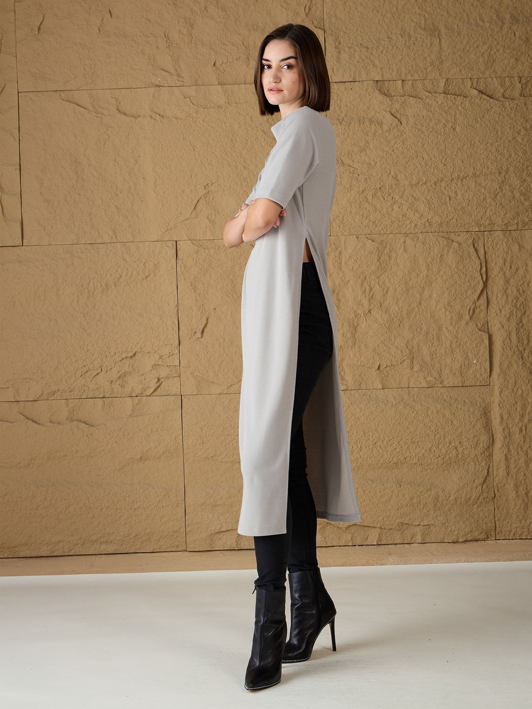Grey High-Neck High Slit Sweater