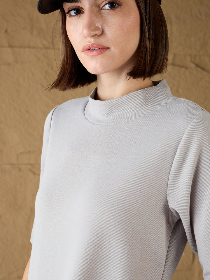 Grey High-Neck High Slit Sweater