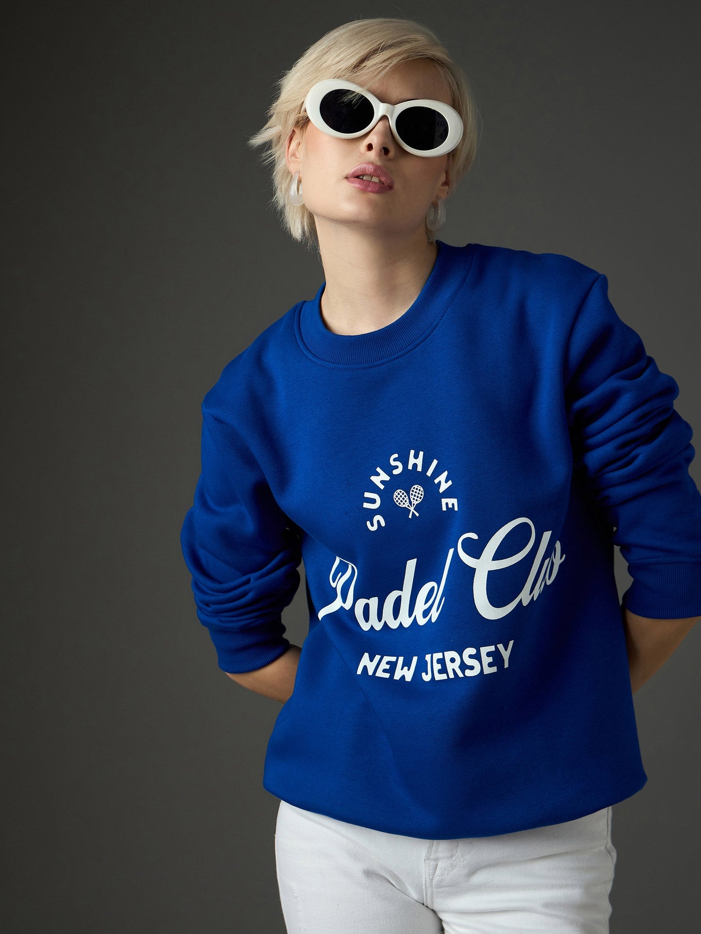Women Royal Blue Fleece PADEL CLUB Printed Regular Fit Sweatshirt