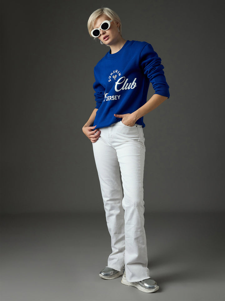 Women Royal Blue Fleece PADEL CLUB Printed Regular Fit Sweatshirt