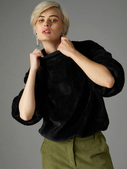 Women Black Balloon Sleeve Faux Fur Sweatshirt