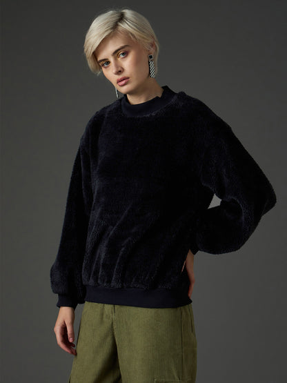 Women Black Balloon Sleeve Faux Fur Sweatshirt