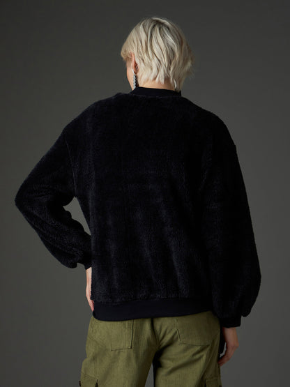 Women Black Balloon Sleeve Faux Fur Sweatshirt