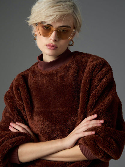 Women Brown Balloon Sleeve Faux Fur Sweatshirt