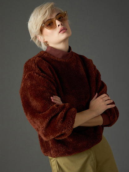 Women Brown Balloon Sleeve Faux Fur Sweatshirt