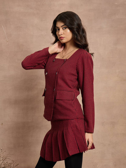 Red Houndstooth Check Square Neck Top
