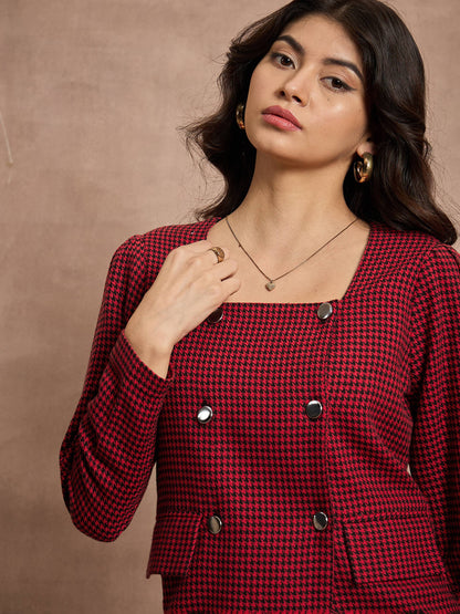 Red Houndstooth Check Square Neck Top