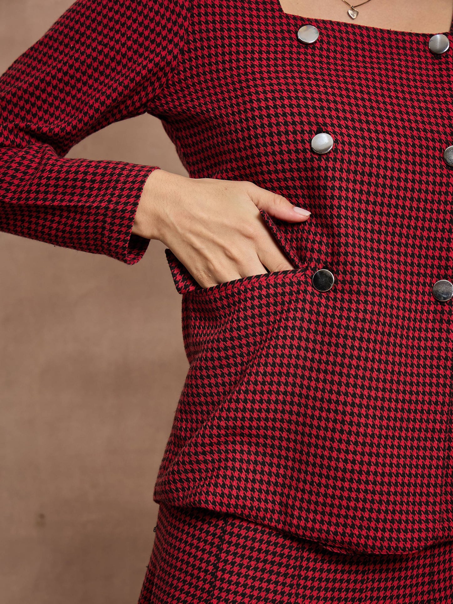 Red Houndstooth Check Square Neck Top