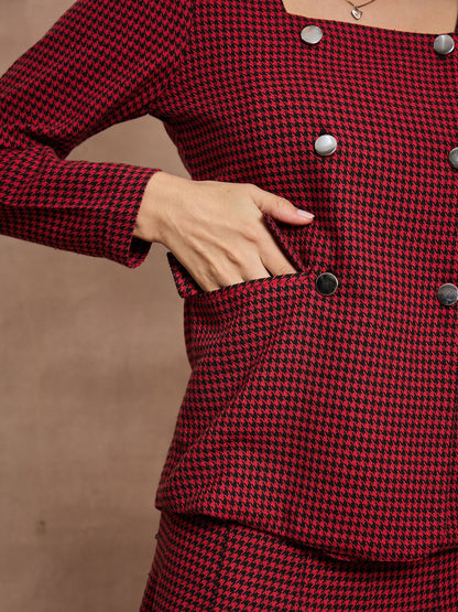 Red Houndstooth Check Square Neck Top