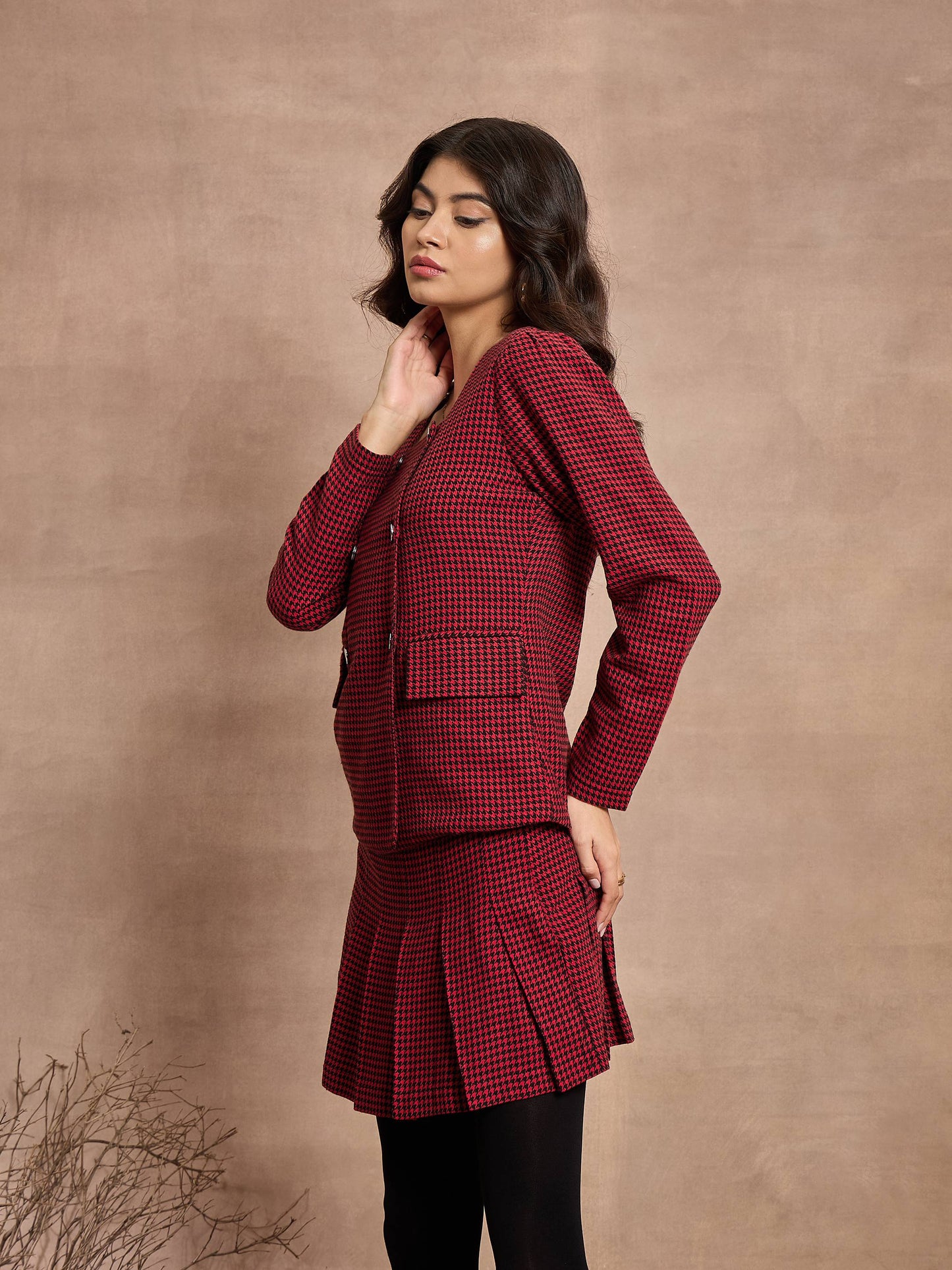 Women Red Houndstooth Top With Mini Skirt