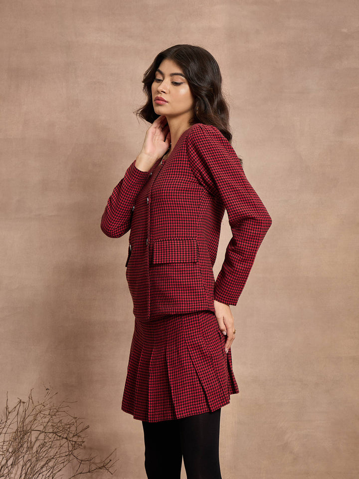 Women Red Houndstooth Top With Mini Skirt