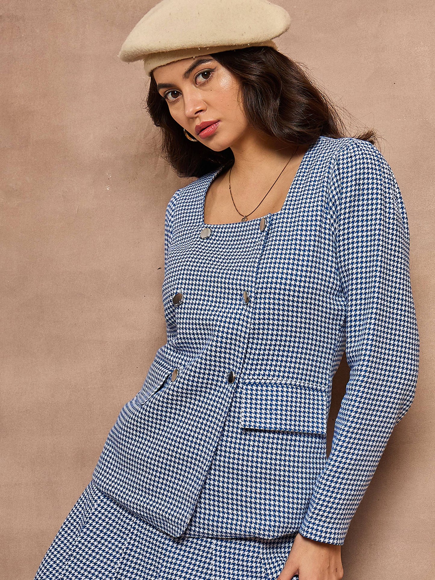 Blue Houndstooth Check Square Neck Top