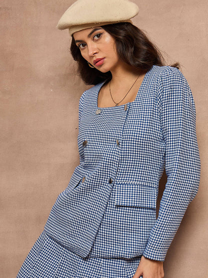 Blue Houndstooth Check Square Neck Top