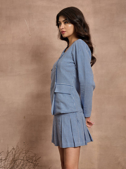 Blue Houndstooth Check Square Neck Top