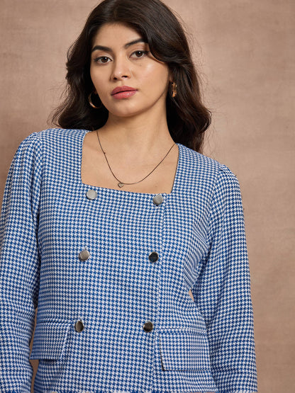 Blue Houndstooth Check Square Neck Top