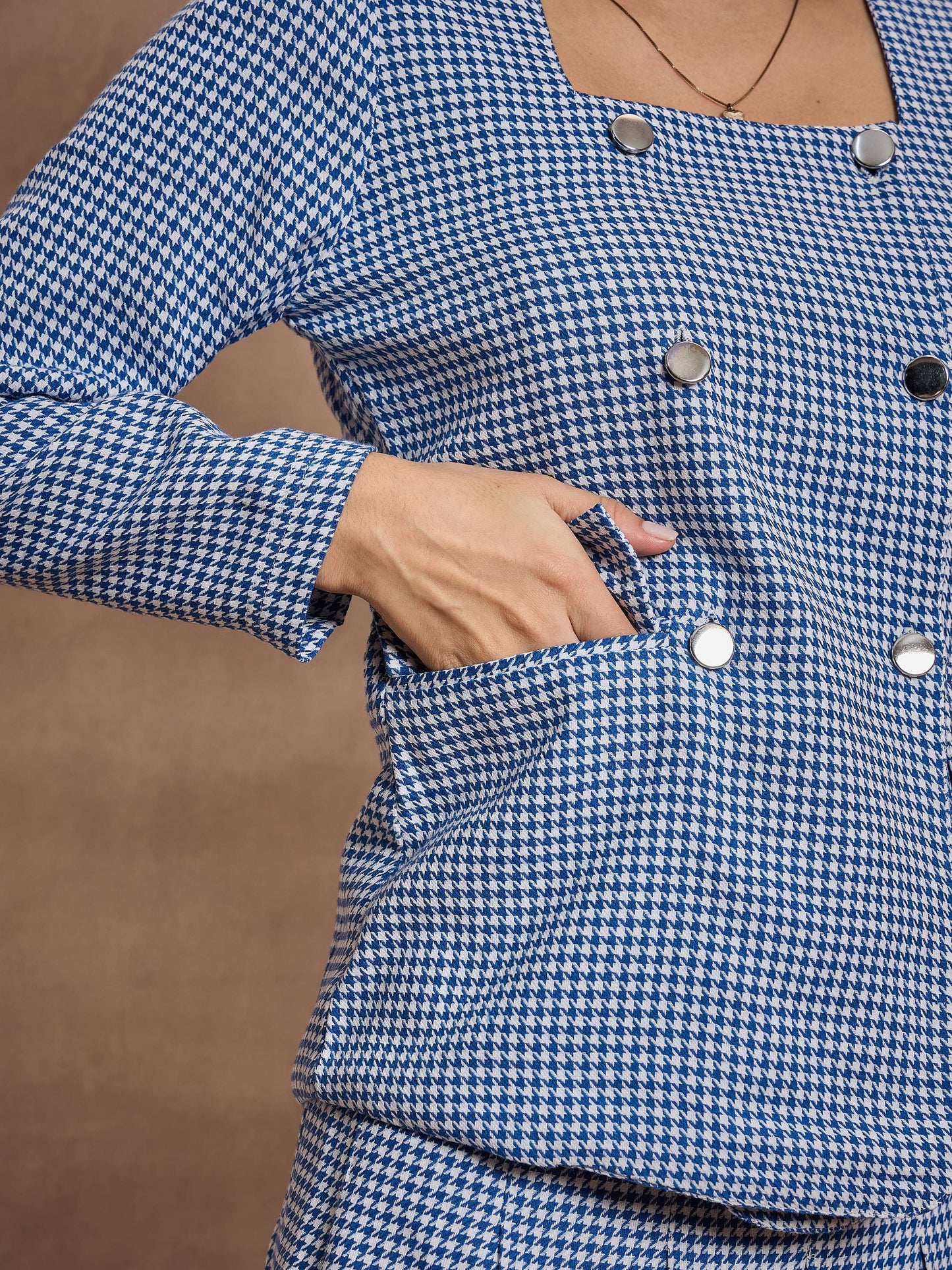 Blue Houndstooth Check Square Neck Top