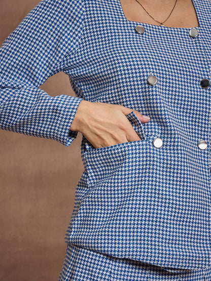 Blue Houndstooth Check Square Neck Top