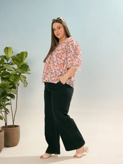 Off White Multi Floral Square Neck Top