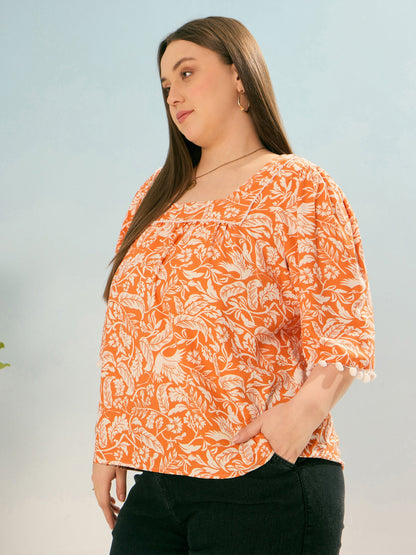Orange & White Floral Square Neck Top
