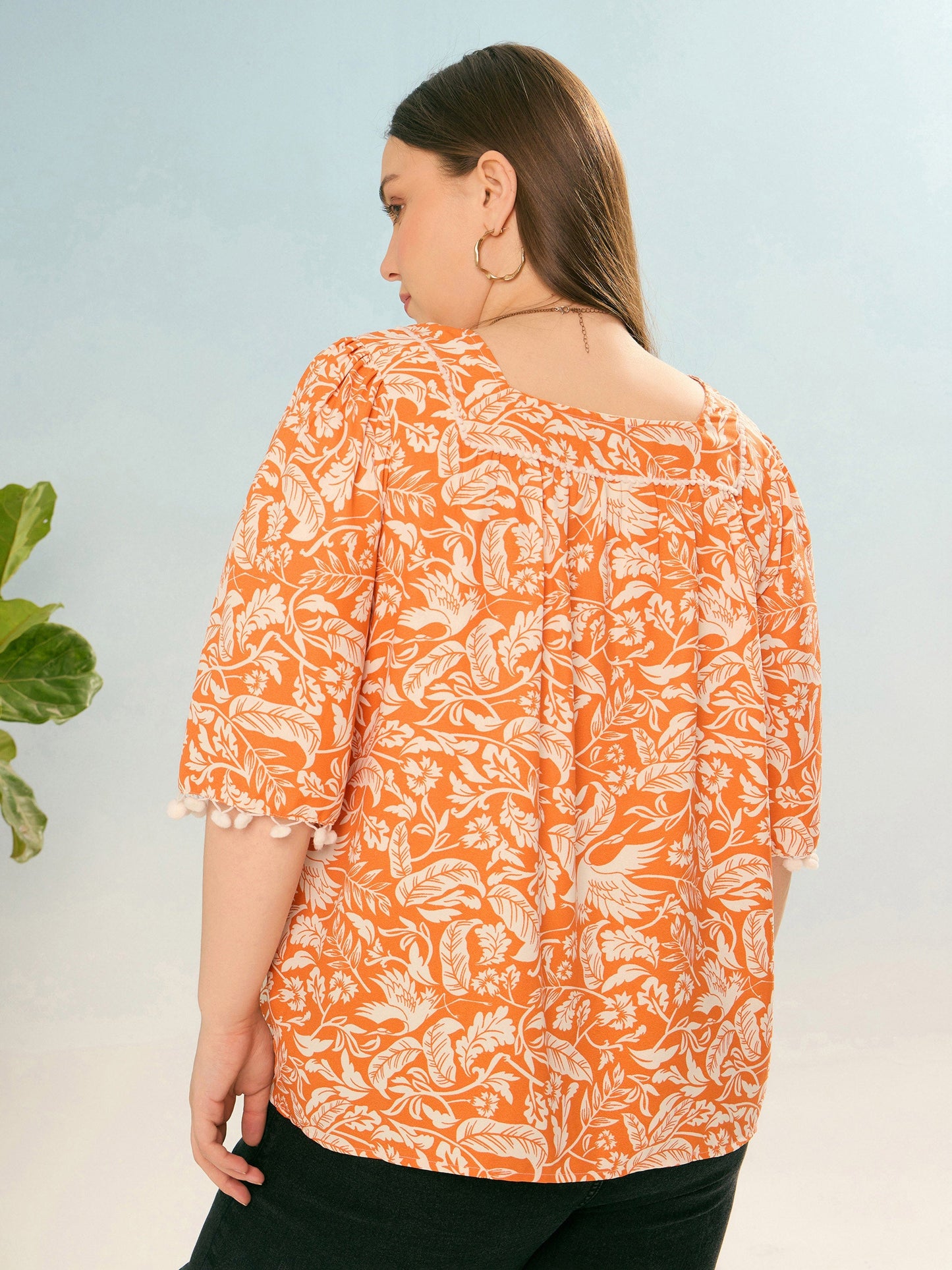 Orange & White Floral Square Neck Top