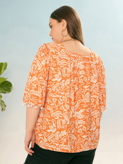 Orange & White Floral Square Neck Top
