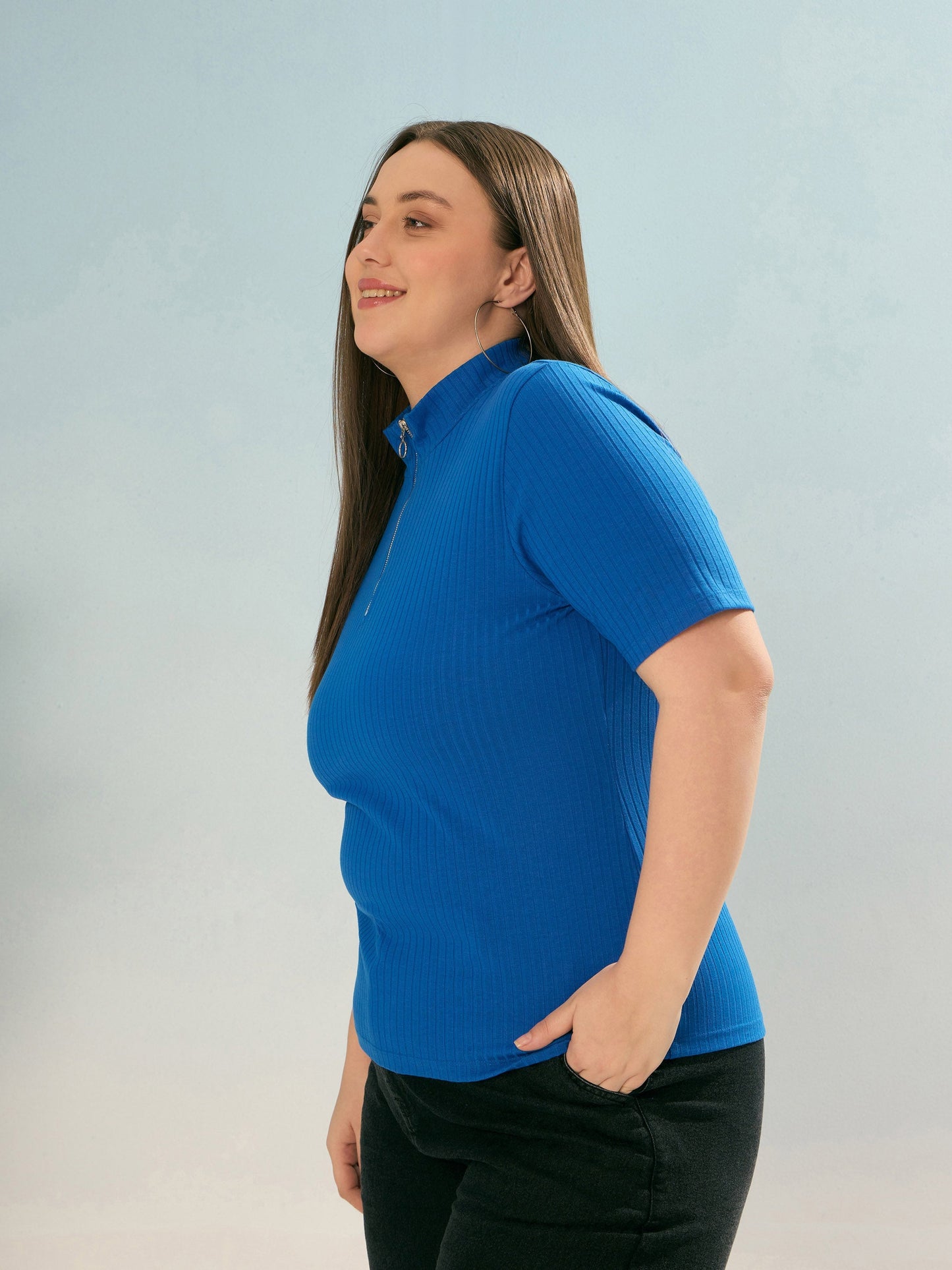 Royal Blue Rib Front Zipper Short Sleeve Top