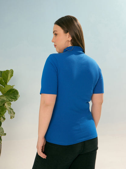 Royal Blue Rib Front Zipper Short Sleeve Top