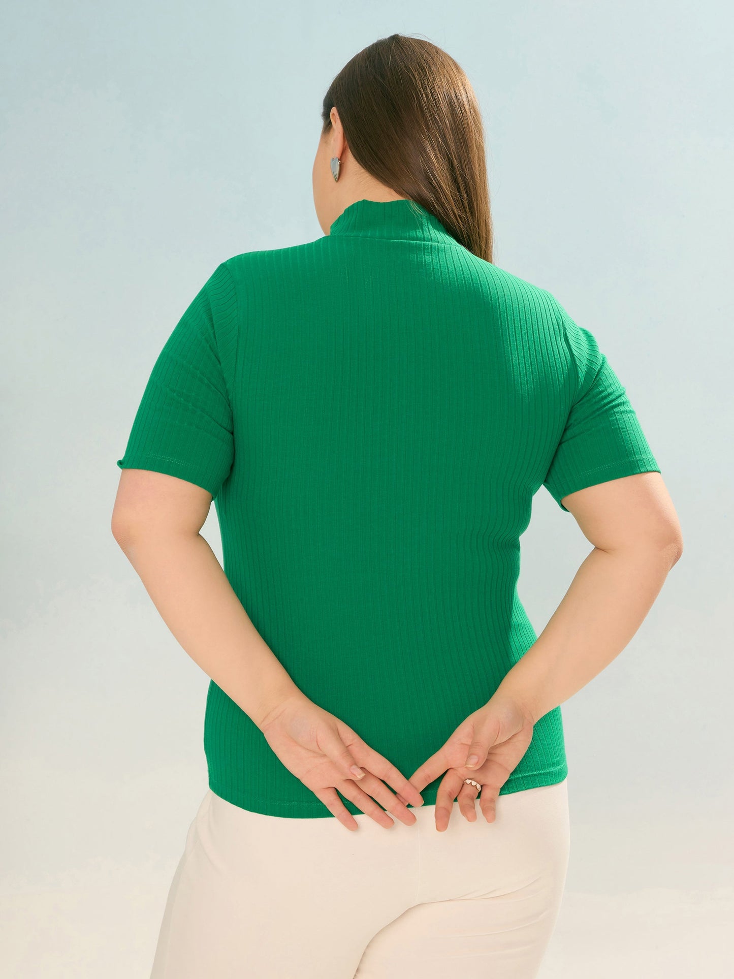 Green Rib Front Zipper Short Sleeve Top