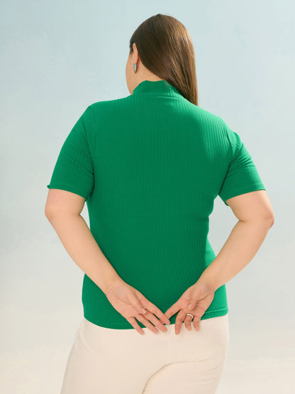 Green Rib Front Zipper Short Sleeve Top