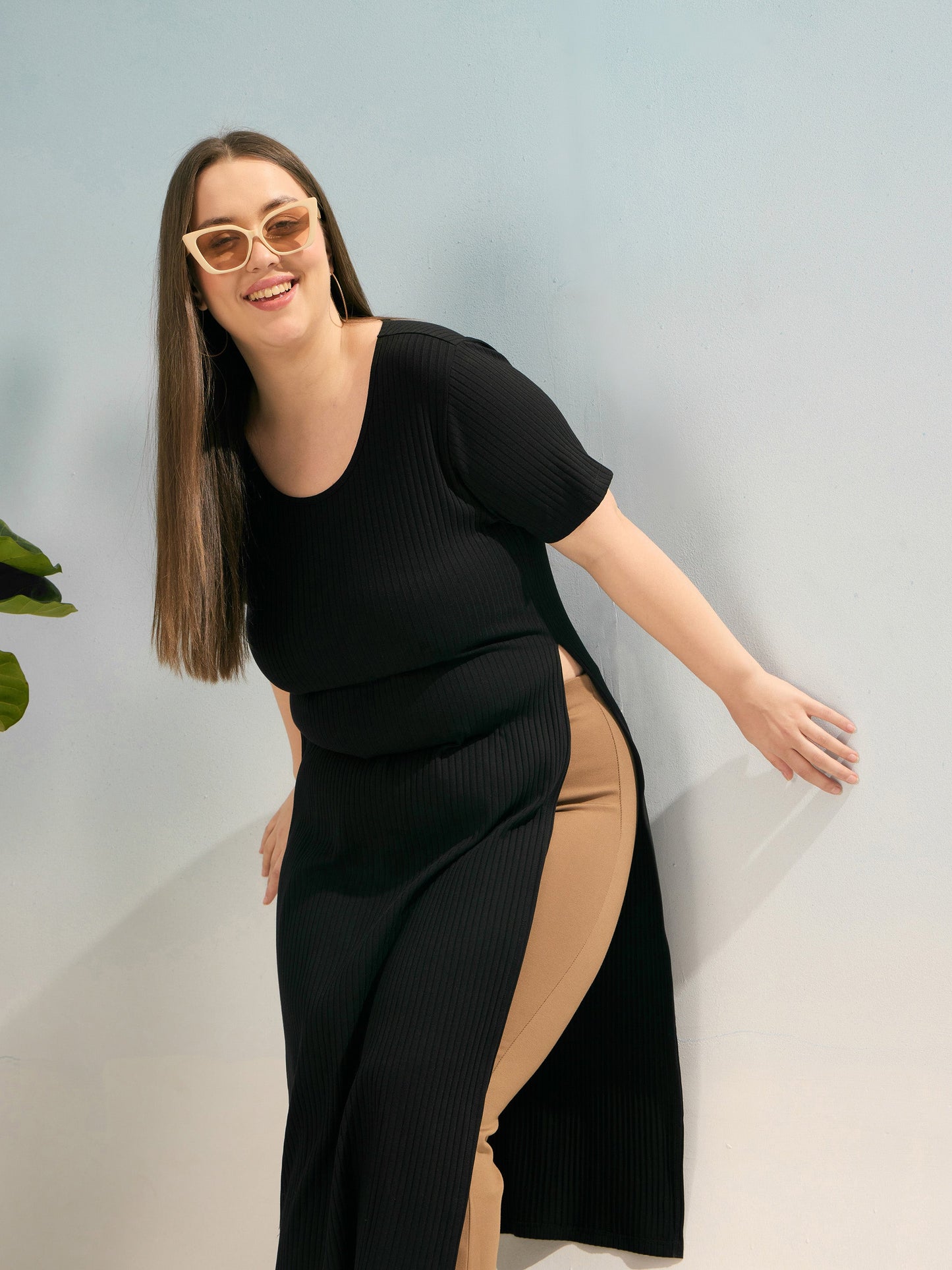 Black Rib Round Neck Long Line Top